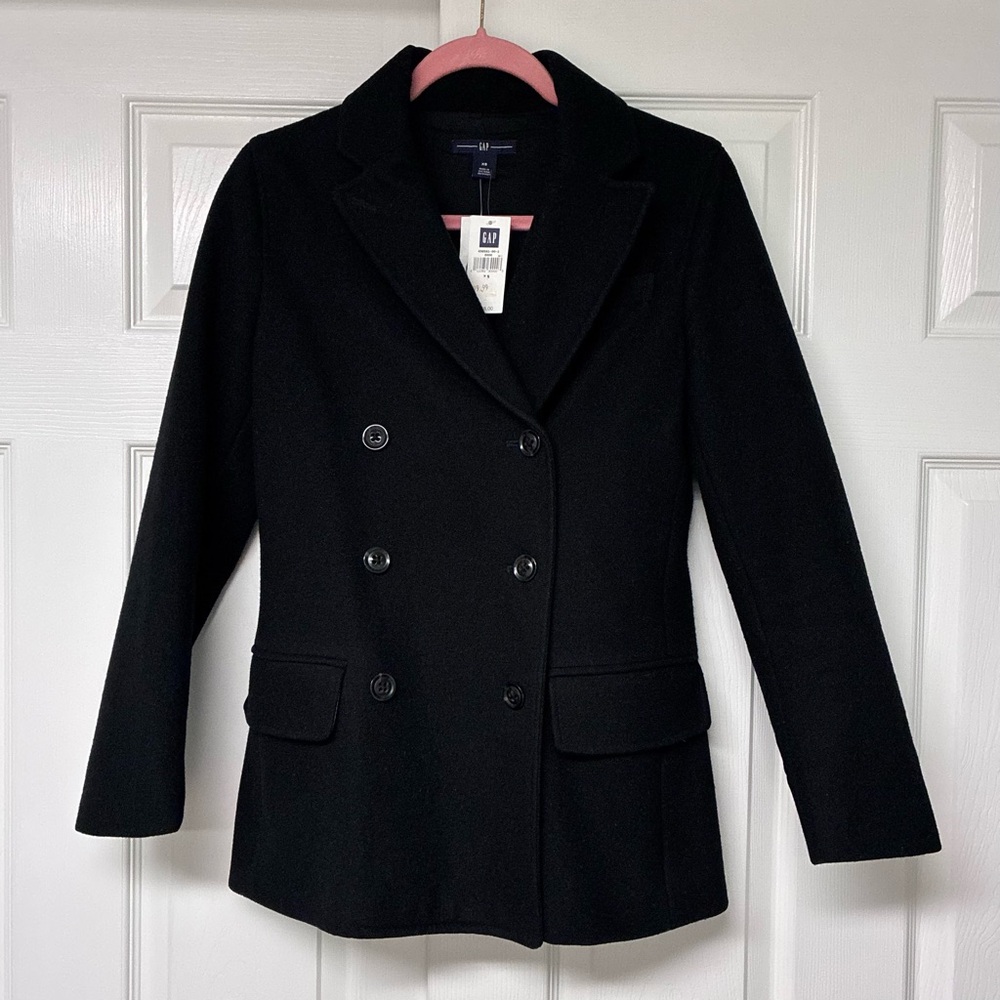 NWT GAP Wool double breasted peacoat styled blazer. Black. Size XS